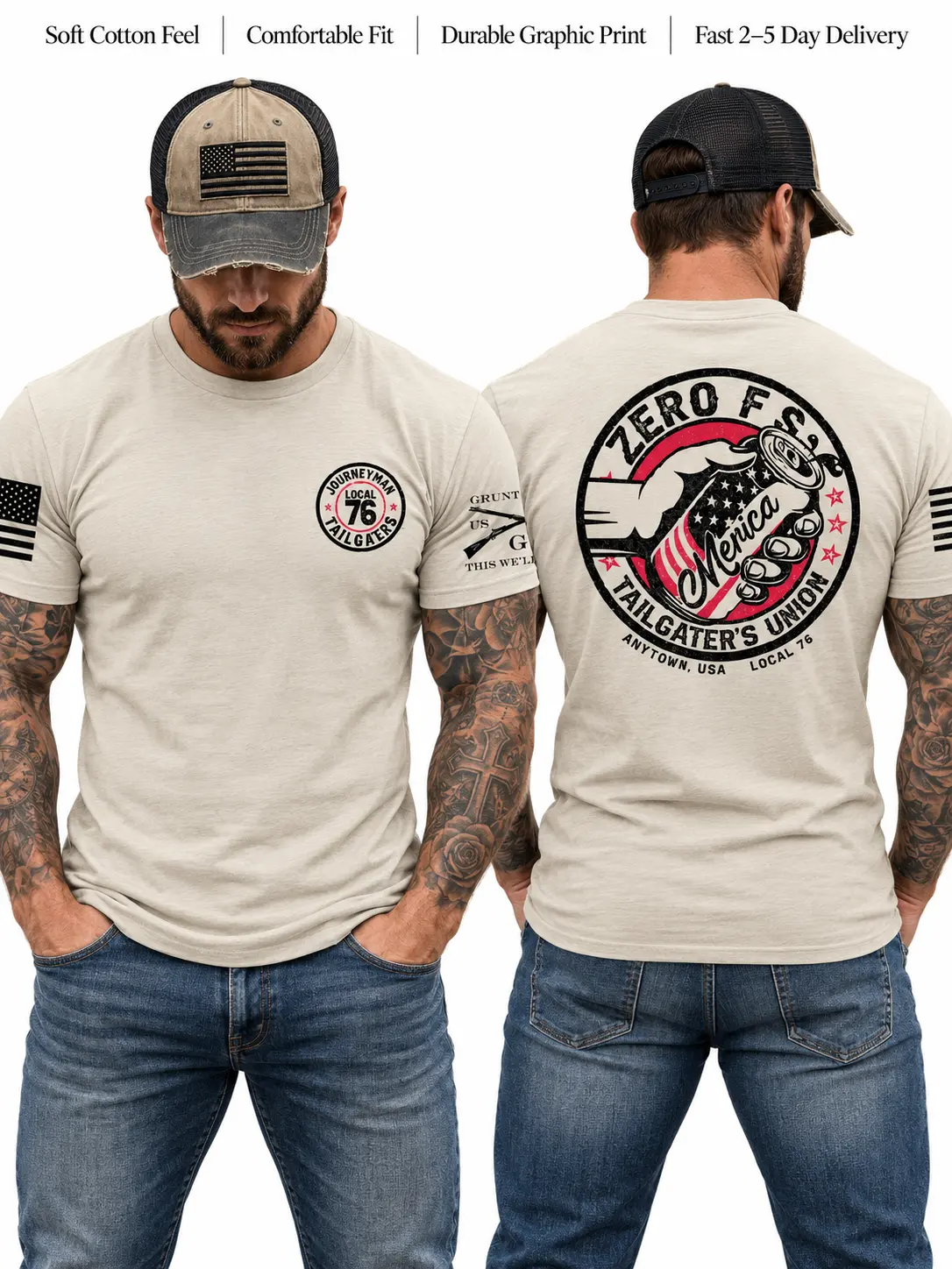 Journeyman Local 76 Tailgaters Unisex Graphic T-Shirt, Patriotic Distressed Front and Back Prints with Tailgater's Union 'Merica Can Artwork, American Flag Sleeve Graphic and Rifle Detail for Tailgating, Everyday Casual Streetwear and Gift Giving