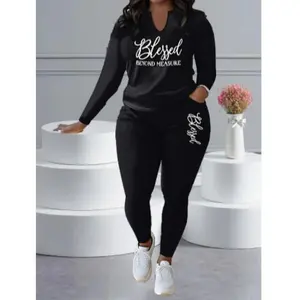 Women's Plus Size Two-Piece Set - "Blessed" Graphic Tee & Pocket Pants, Stretchy Polyester Blend, Machine Washable, Daily Comfort Outfit, Solid Color Design, Elastane Comfort Stretch