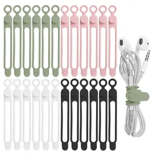 24 silicone cable ties per pack, used for bundling headphone cables, mobile phone charger cables, computer cables, etc. Reusable and suitable for homes, offices, kitchens, schools, etc. (4 colors)