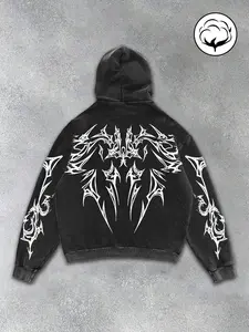 Men's Oversized Acid Wash Hoodie with Cyber Tribal Graphics - Vintage Grunge Streetwear Pullover Heavyweight Cotton Sweatshirt for Y2K Aesthetic & Skater Outfits Hooded Sweatshirts