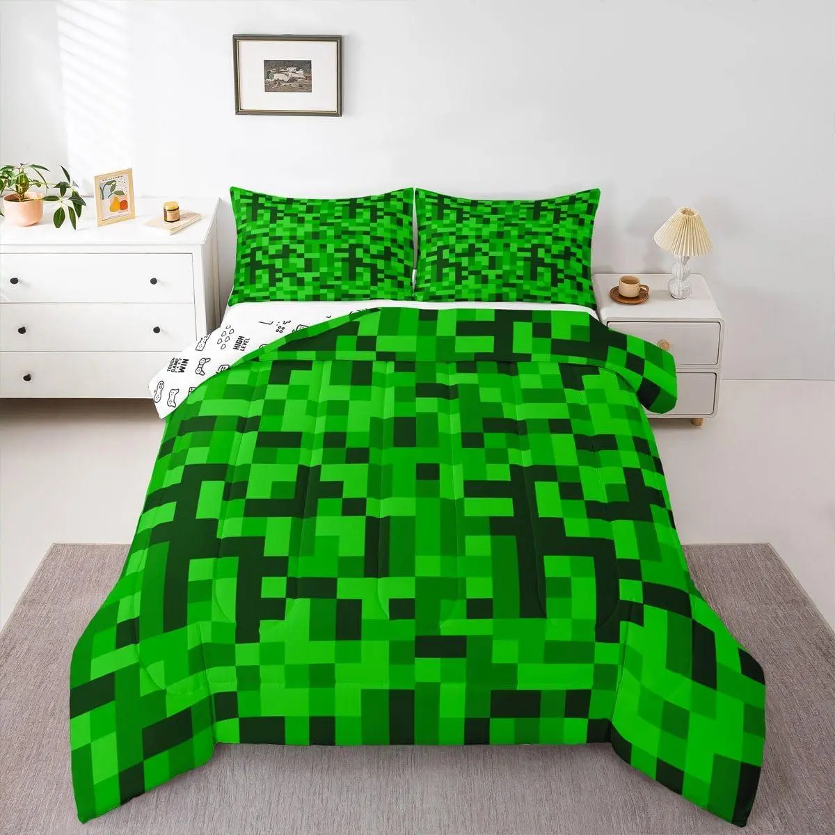 Black Green Pixel Plaid Bedding Set,Miners Games Checkered Comforter Set for Kids Boys Teen Abstract Camo Grids Bed Comforter Set,Gaming Geometric Quilt Duvet
