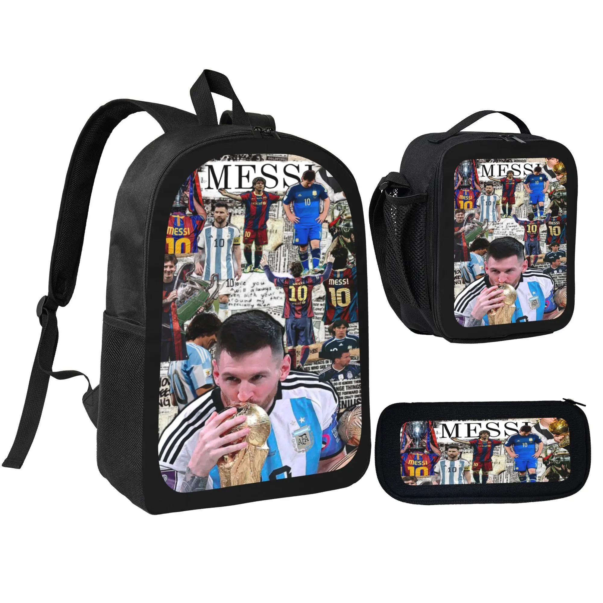 [3Pcs Backpack Set] Lionel Messi Football Star Collage With Lunch Bag Pencil Pouch School Bag For Boys Soccer Fans Kids Students