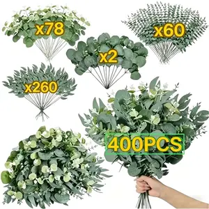 400pcs Mixed Eucalyptus Stem Set, 4 Unique Varieties, Realistic Silver Color Dollar Leaf Decorative Artificial Flowers, Faux Plants, Wedding Centerpiece & Home Decor