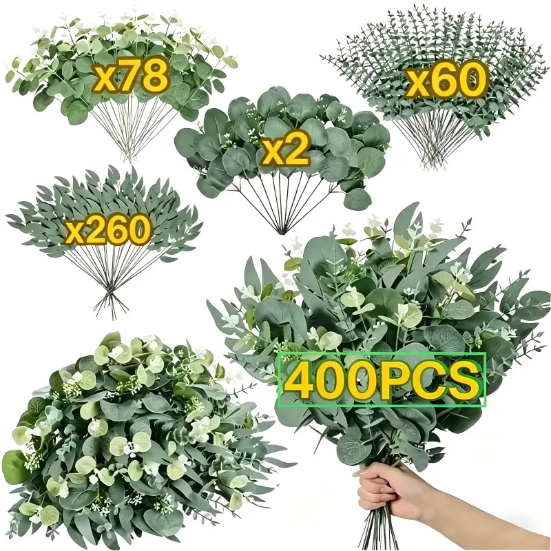 400pcs Mixed Eucalyptus Stem Set, 4 Unique Varieties, Realistic Silver Color Dollar Leaf Decorative Artificial Flowers, Plastic Flower Decoration, Faux Plants, Wedding Centerpiece & Home Decor