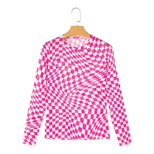 Rose Checkered Pattern Mesh Mock Neck Long Sleeve Top for Women, Sheer Slim Fit Lettuce Edge Blouse for Daily Streetwear, Date Night & Fall Outings