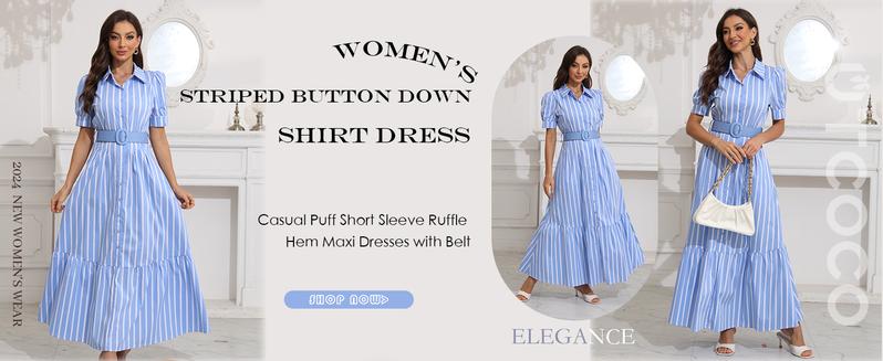 【New Arrival】Ebossy Womens Striped Button Down Shirt Dress Casual Puff Short Sleeve Ruffle Hem Maxi Dresses with Belt