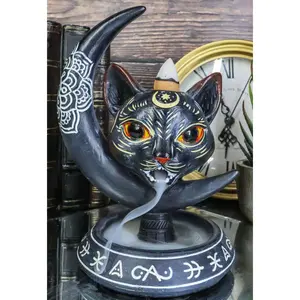 Occult Wicca Sacred Geometry Black Cat Crescent Moon Backflow Incense Burner