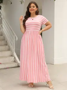 【Plus Size】 Striped Print Pocket Round Neck Tee Dress, Summer Clothes, Casual Short Sleeve Long Dress for Summer, Sundress Maxi Dress, Women's Clothing for Daily Wear, Elegant Plus Size, Womenswear, Shortsleeve Dresses for Women, Casual Everyday Wear