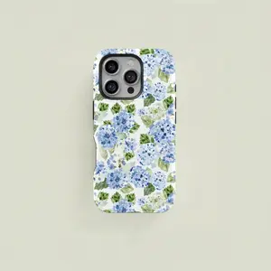 Hydrangea Floral Watercolor Double-Layer Rugged Shockproof Phone Case Compatible with iPhone 11-17 Pro Max/Plus and Samsung Galaxy S22-25