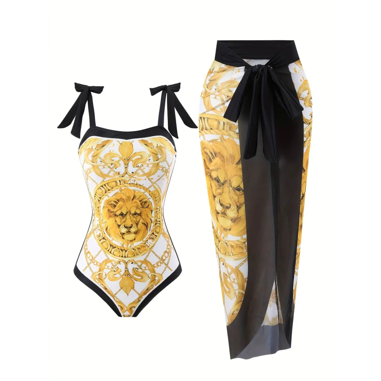 Female 3-Piece Quick-Dry Spandex Blend Bathing Suit - Elegant Baroque Lion Print Wireless Bikini Set with Adjustable Tie Sheer Chiffon Cover-Up for Beach, Poolside Wear, Figure Flattering Swim