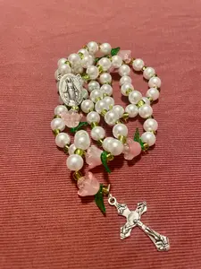 Pearl and Flower Rosary with Pink Accents and Cross Pendant by Midwestern Revival