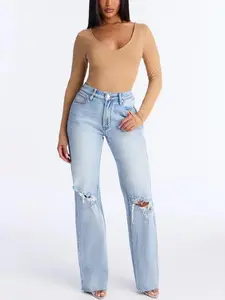 A Secret High Rise Ripped Stretch Straight Leg Jeans - Light Wash