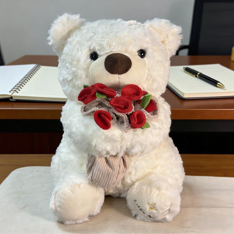 Plush Teddy Bear with Rose Bouquet, Soft Stuffed Animal Toy, Perfect Gift for Valentine's Day, Anniversaries, Birthdays, Romantic Occasions, Soft Cuddly Gift