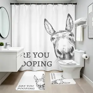 1/3/4pcs Funny Donkey Shower Curtain set with "Are You Pooping?"  Modern Farm Animal Design Durable Polyester Fabric Machine Washable Bathroom Decor for Humorous Home & Gifts Funny Shower Curtain Gift Idea Whimsical Style Easy Installation Gift Shoppers