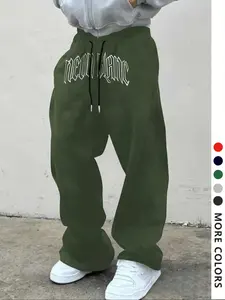 Men's Casual Loose-Fit Long Pants, Letter Print Drawstring Wide Leg Sweatpants, All-Season Comfortable Men's Clothing