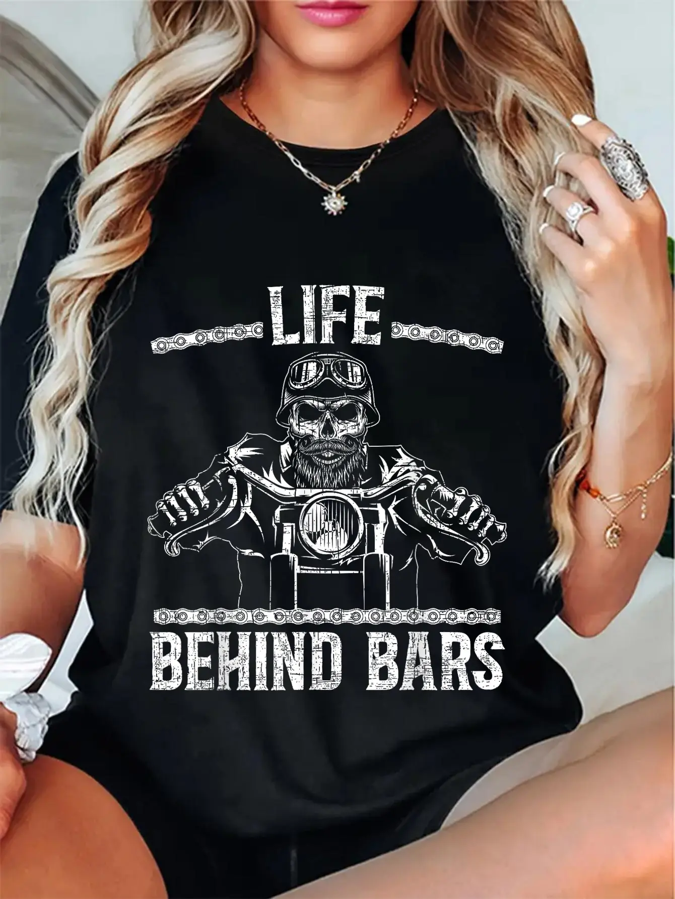Vintage Life Behind Bars Biker Graphic T-Shirt for Women and Men, 100% Cotton Shortsleeve Casual Streetwear Top, Everyday, Tshirt, Casual Fit