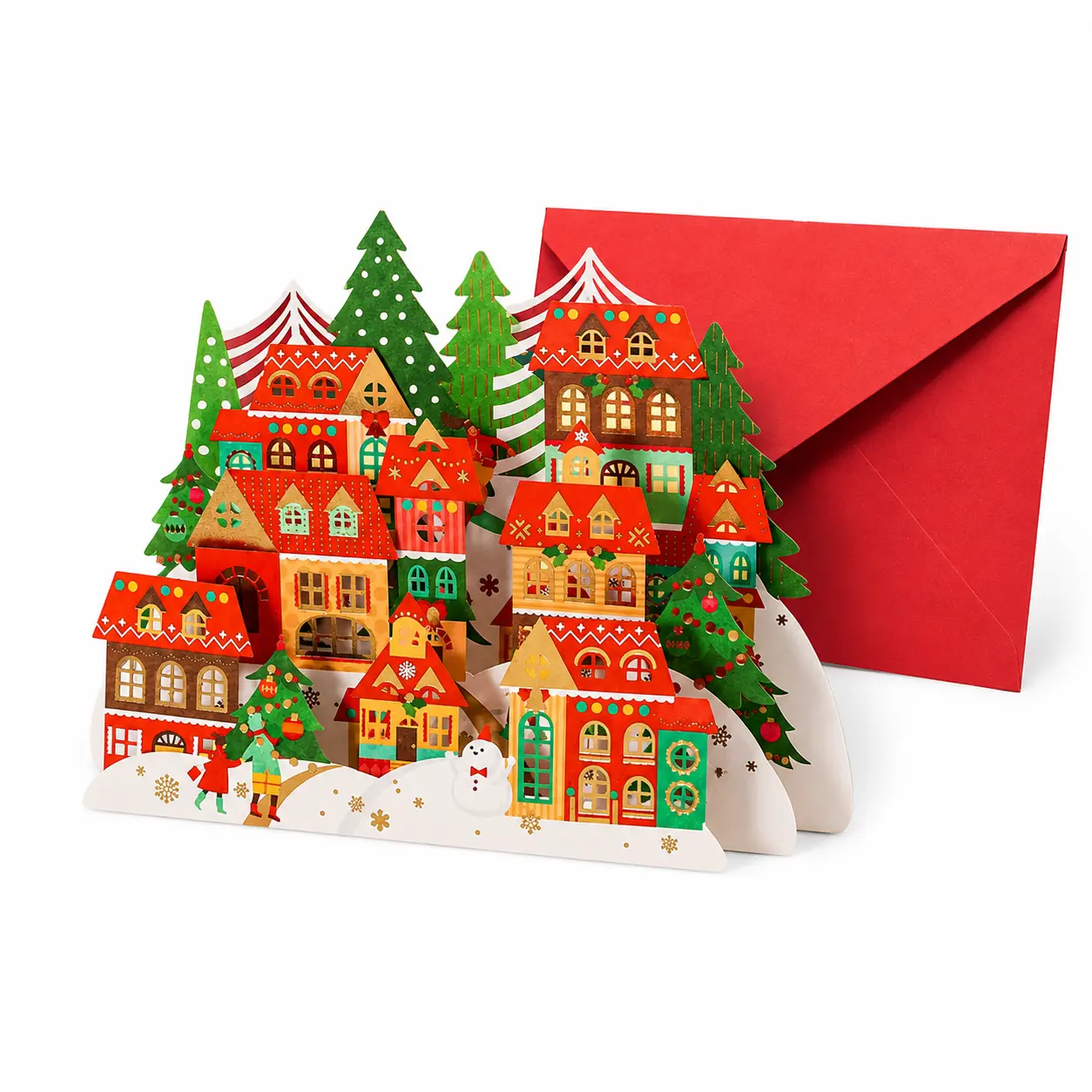 3D Christmas Village Pop-Up Greeting Card, Holiday Village Card with Red Envelope, Christmas Tree House Scene Card for Family, Friends & Holiday Wishes sohochic