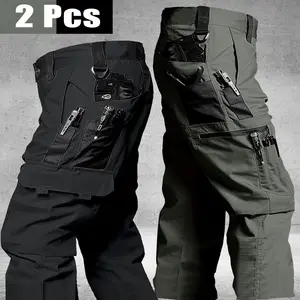 2pcs Men's Tactical Cargo Pants, Durable Multi-Pocket Work Pants for Outdoor Construction Work, Hiking And Trekking, Casual | Adjustable Waist Gear (No Belt)