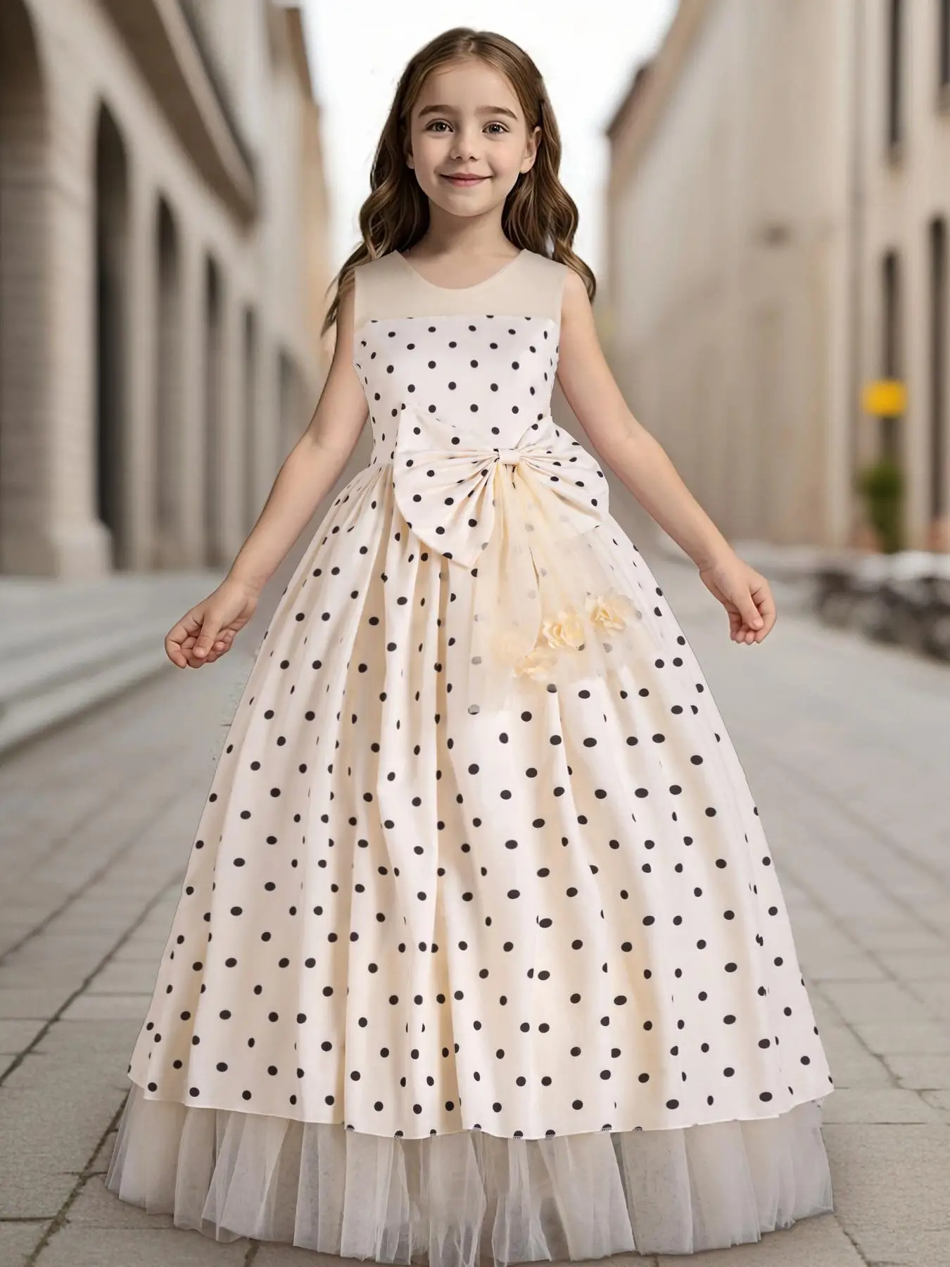 Girl's Polka Dot Print Bow Decor Dress, Cute Sleeveless Formal Dress for Party Holiday, Kids Clothes for All Seasons