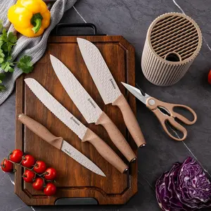GOODA 6PCS Kitchen Knife Set with Block & Scissors – Nonstick Diamond Texture, Ergonomic Wood Grain Handle, Ultra Sharp Stainless Steel Blades for Meat, Bread & Veggies, Gift Ready