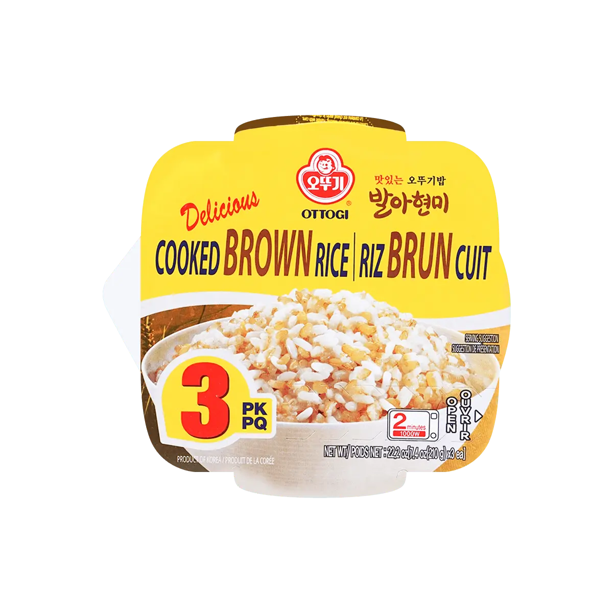Ottogi Delicious Brown Rice 210g x 3 Pack - Healthy Korean Instant Rice, Ready-to-Eat Meal