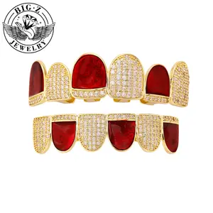 【Fashionable and casual】Hip hop grill jewelry red micro inlaid zircon teeth braces rapper accessories, vampire COS, unisex, Christmas and Halloween costume star accessories, New Year gifts