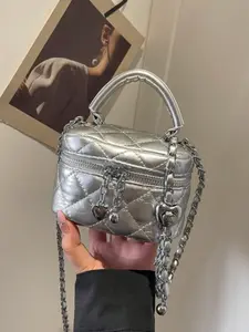 Retro Leather Chain Handbag Crossbody Small Square Bag, Heart Pendant Glossy Mobile Phone Lipstick Bag, Niche Versatile Design Suitable for Shopping Travel and Commuting. Quilted Crossbody Bag, Purse