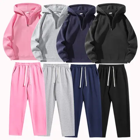 Men's 2 Piece Solid Color Half Zip Hooded Polyester Clothes Set, 2026 New Loose Fit Casual Outfit with Drawstring Waist Sweatpants, Basic Tops for Daily Wear, Multi Color Women's Clothes Option