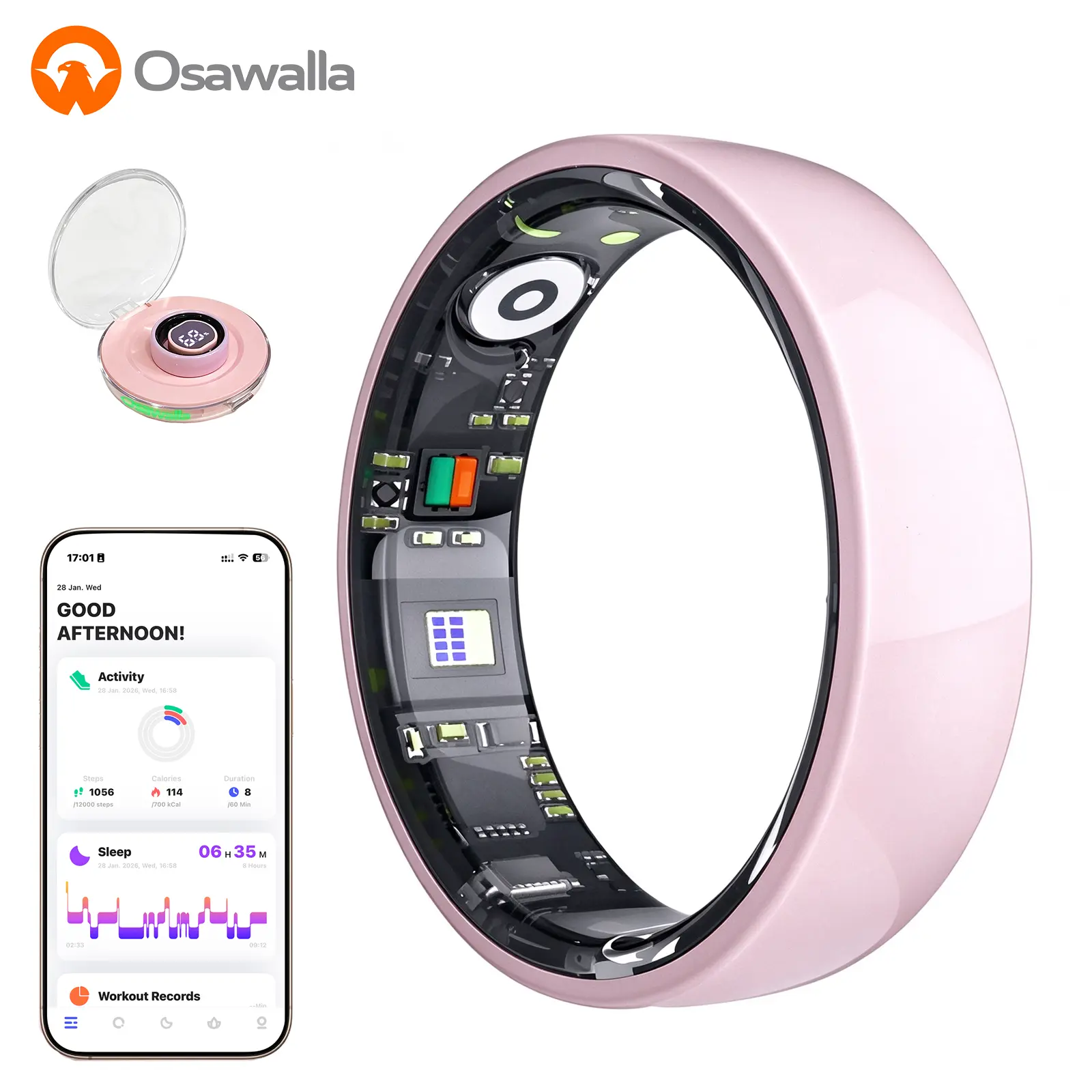 OSAWALLA 2026 New Ceramic Stainless Steel Smart Ring—Wearable Fitness Tracker, 5ATM Waterproof, Bluetooth Support, Sleep and Blood Oxygen Monitoring, No Subscription Fees, Ultra-Long Battery Life, with a Wireless Charging Case（iOS&Android）