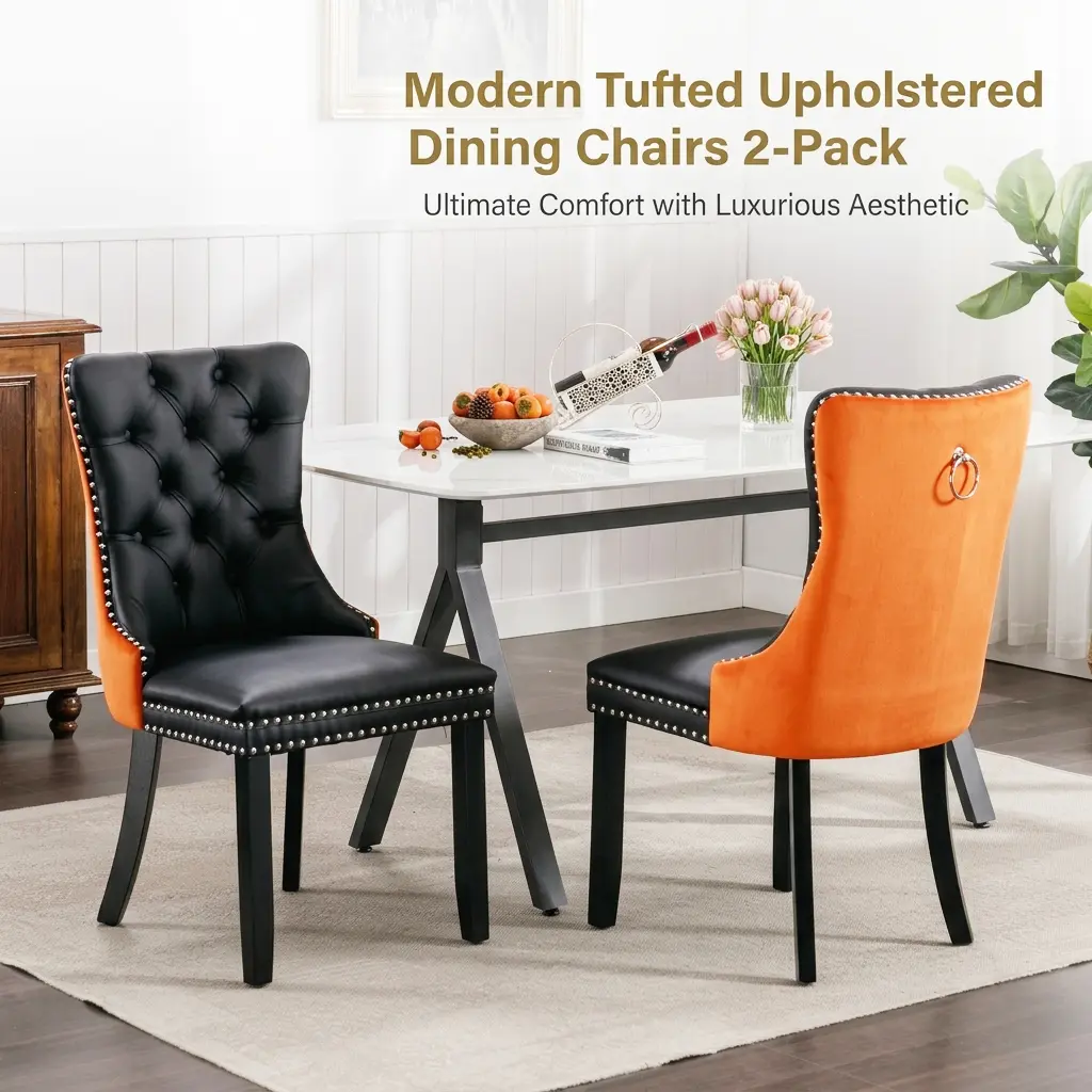 2-Pack Contemporary Dining Chairs, PU Leather & Velvet Tufted Back with Nailhead Trim, High-Density Foam Thick Seat Cushion, Anti-Slip Foot Caps, 2 Seats, Assembly Required, for Kitchen Islands & Lounge (Black & Orange High-End Upholstered Side Chairs)