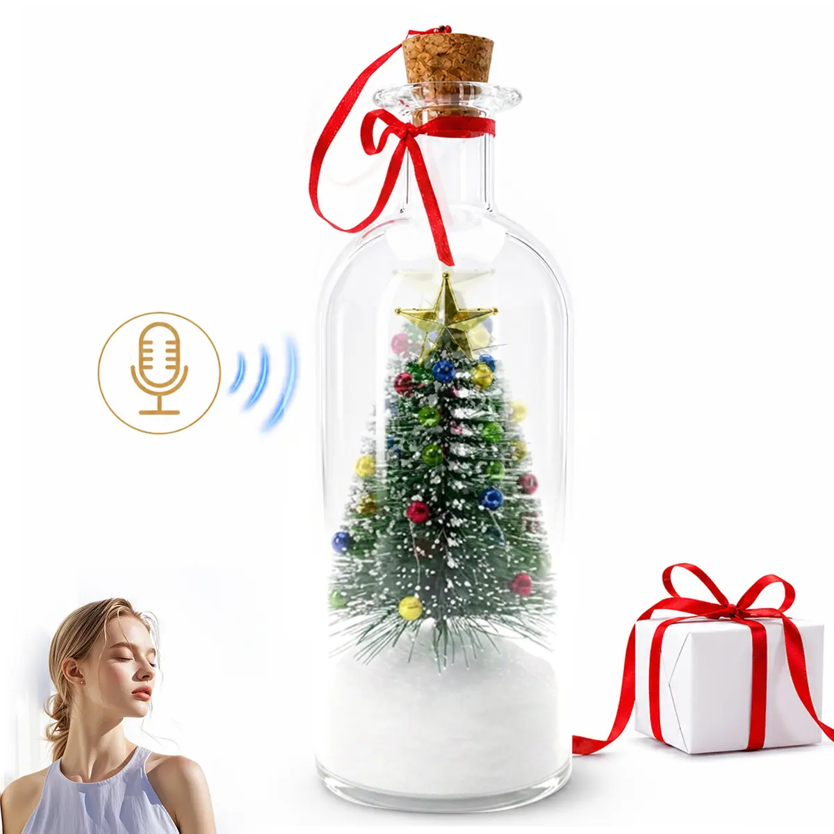 Christmas tree in a bottle, with recording function - personalized voice glass decoration featuring snow scenes (without batteries) - a thoughtful gift for mom, child, friend or lover