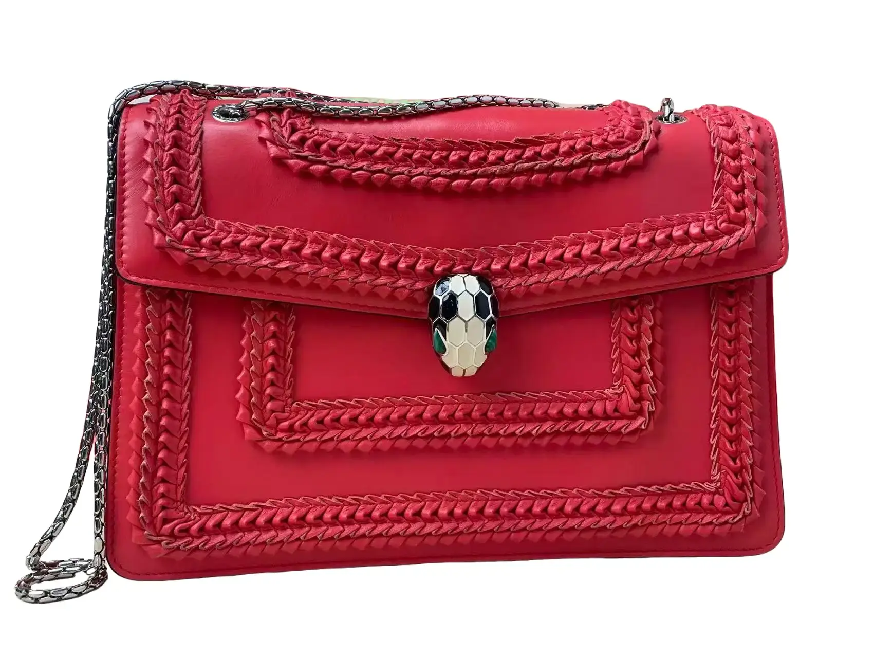 Pre-owned Bvlgari Authentic Red Serpenti Forever Enamel Snakehead Chain Bag