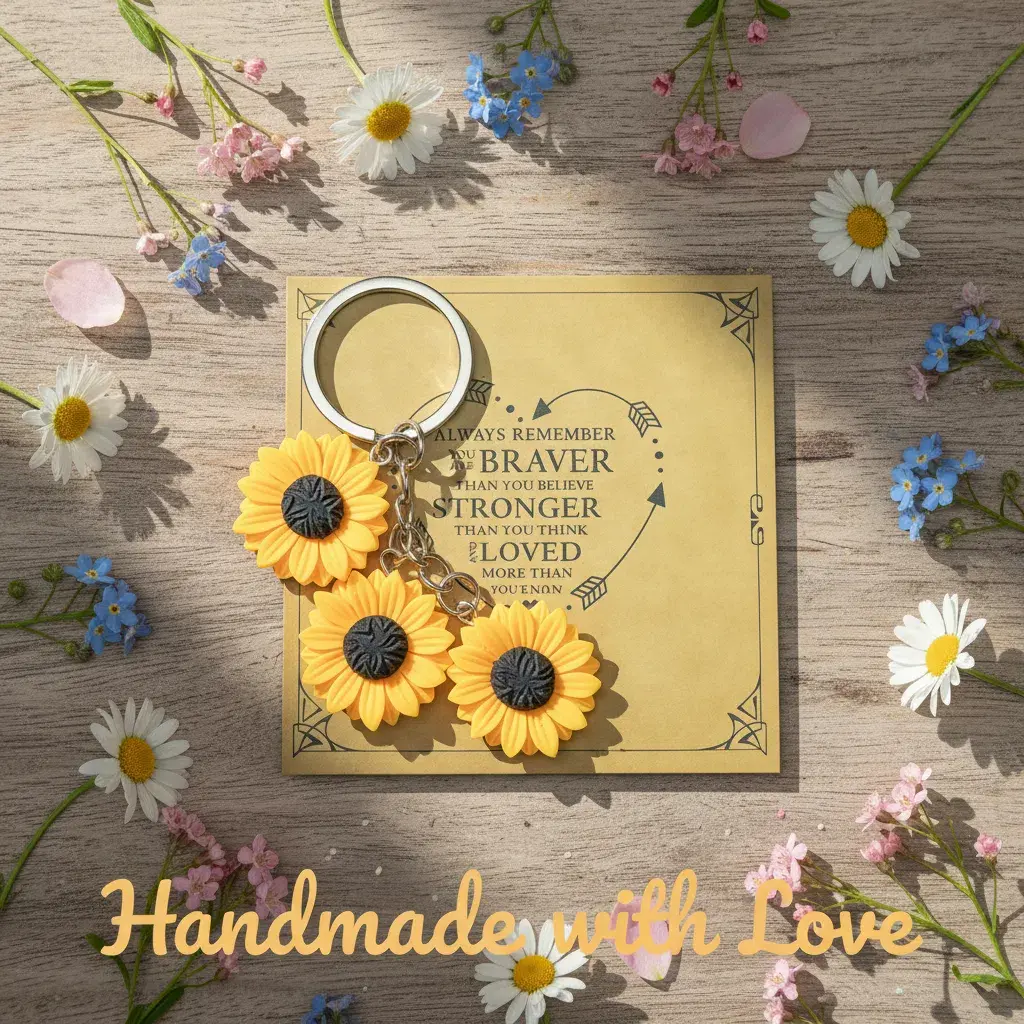 Boho Charm Keychains, 3-Piece Floral Resin Sunflower Set with Gift Card, Clip-On Charms for Bags & Keys, Cute Fashion Accessory for Holiday Gifts for Girls