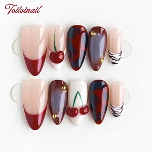 10pcs Handmade 3D French Press On Nails Acrylic Beginner Kit - Medium Length Almond Burgundy Nails, Handcrafted Cherry & Zebra Pattern Decor Sweet Trendy Style, for Daily Wear & Party with Jelly Glue & Nail File, Acrylic Nail Set