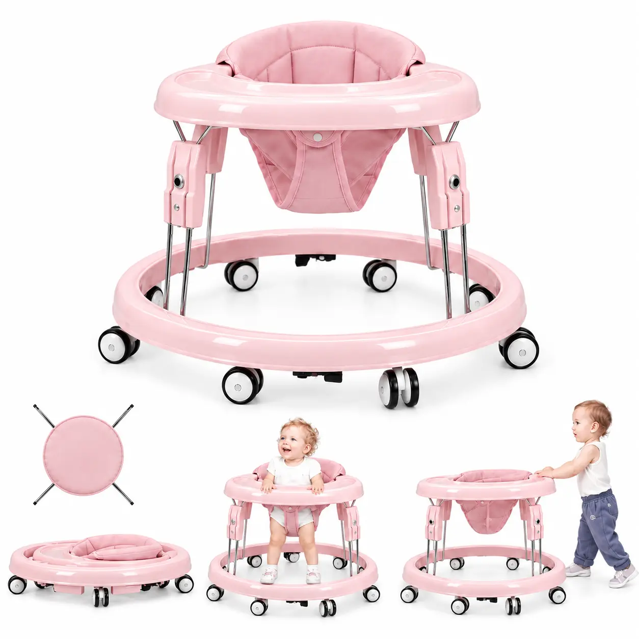 Foldable Anti-Fall Baby Walker for 7-18 Months, BPA-Free Baby Item with Brake, 7-Gear Height Adjustment, 360° Movement, Removable Wheels, Built-In Removable Safe Dinner Plate, Portable for Easy Cleaning & Travel, Gift Option
