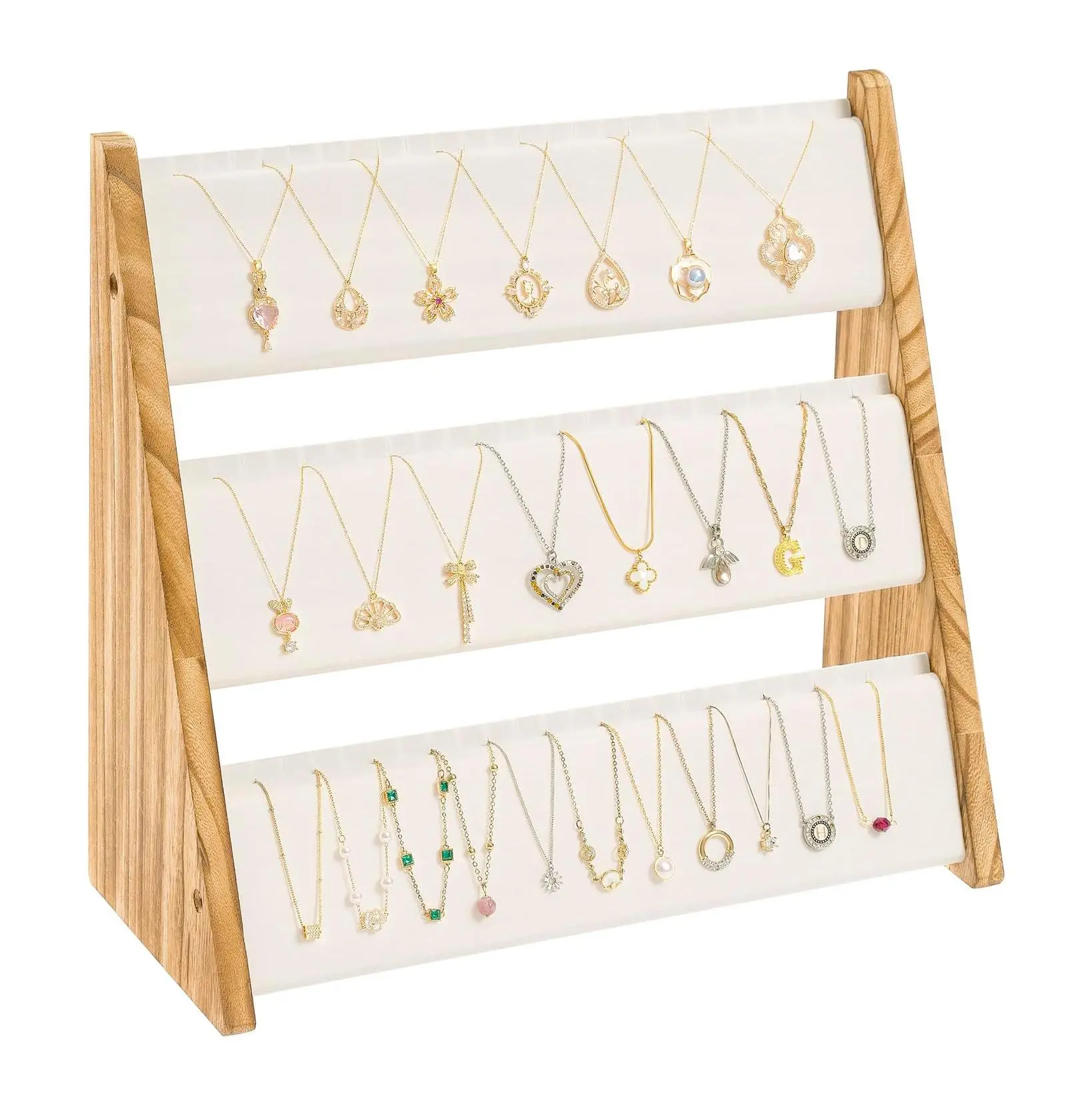 Necklace Holder Stand for Vendors, 3 Tier Wood Jewelry Display Organizer for Necklaces and Bracelets, White Velvet Countertop Rack with 72 Slots, Brown Rustic Finish for Home Boutique Craft Show Storage
