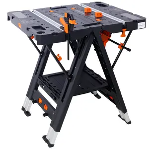 Portable Folding Work Table 2-in-1 as Sawhorse & Workbench with 2pcs Clamps for Versatile Use Heavy-Duty Load Capacity Adjustable Height 500 lbs Aluminum Frame Quick Clamps