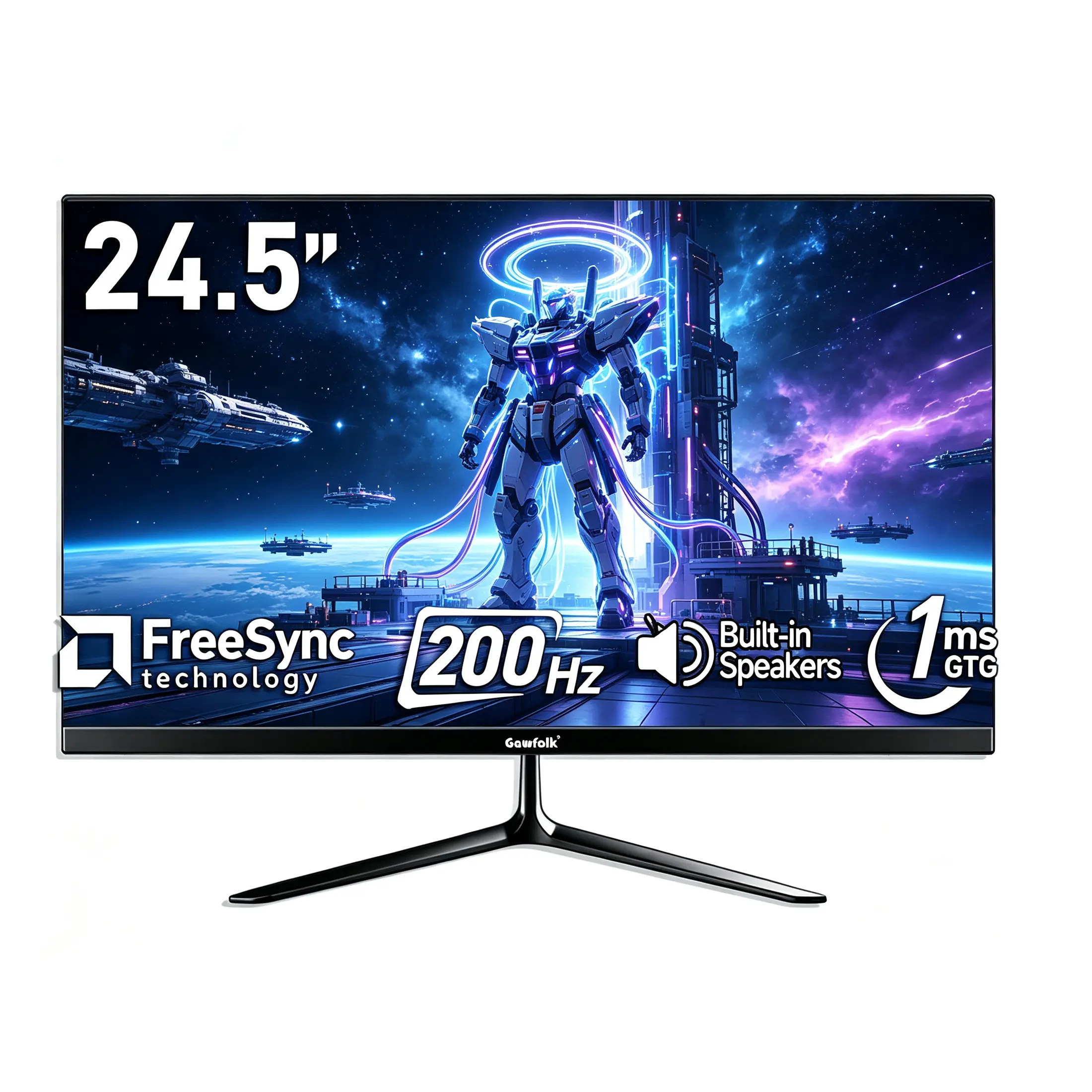 Gawfolk 24.5" FHD 1080P PC Gaming Monitor - 200Hz Refresh Rate, Frameless Design, 1ms GTG, Adaptive Sync, 98% sRGB, Built-in Speakers, HDMI Ports, 75x75 VESA Mount Compatible Desktop Monitor, Built-Inspeakers