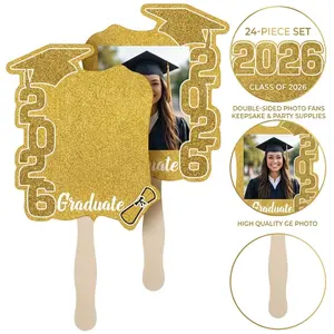 24 Pack Class of 2026 Graduation Fans with Handle Double Sided Grad Photo Props for Keepsake Gifts Graduation Party Supplies