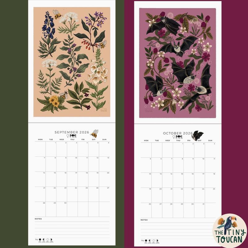 2026 Calendar A4 Illustrated Wall calendar. Cottagecore. Mushrooms. Frogs. Family Calendar. Magpies. Capybara. Mon-Sun organisation handmade