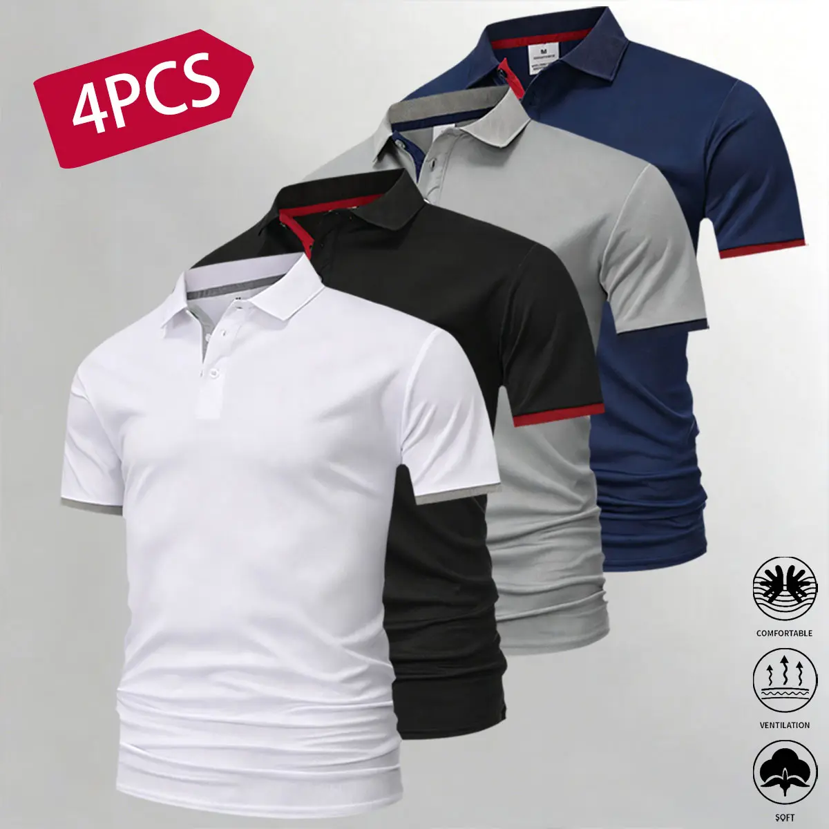Men’s 4-piece set of collared shirts—simple and comfortable, made from soft, skin-friendly fabric, suitable for casual wear and outdoor activities.