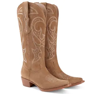 Women's Embroidered Cowboy Boots Knee High Cowgirl Riding Boots Low Block Heel Comfortable Pull On Western Square Toe Tall Boots