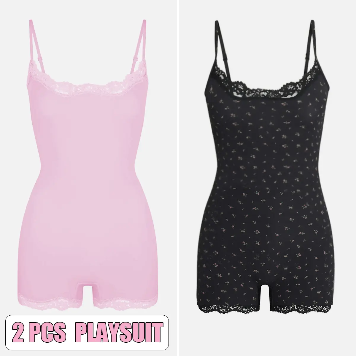 2pcs Playsuit(Pink/Black Floral)