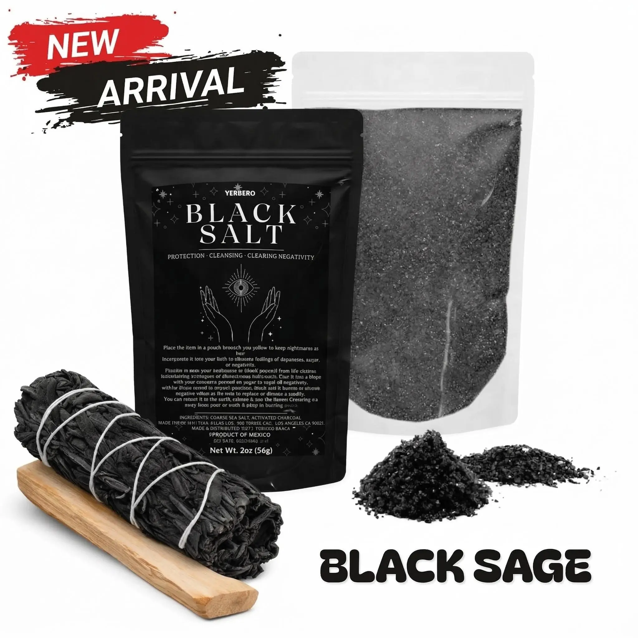 Yerbero Black Sage Cleansing Kit – Black Salt 2oz (56g) + Black Sage 4" + Palo Santo 4" – Protection & Spiritual Cleansing – Wiccan, Brujeria Spicy Sage Aroma Infusion