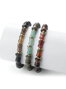 Natural Wood Beaded Bracelet Unisex Synthetic Agate Sandalwood Jewelry Lucky Prayer Friendship Gift, Casual Style Elastic Cord