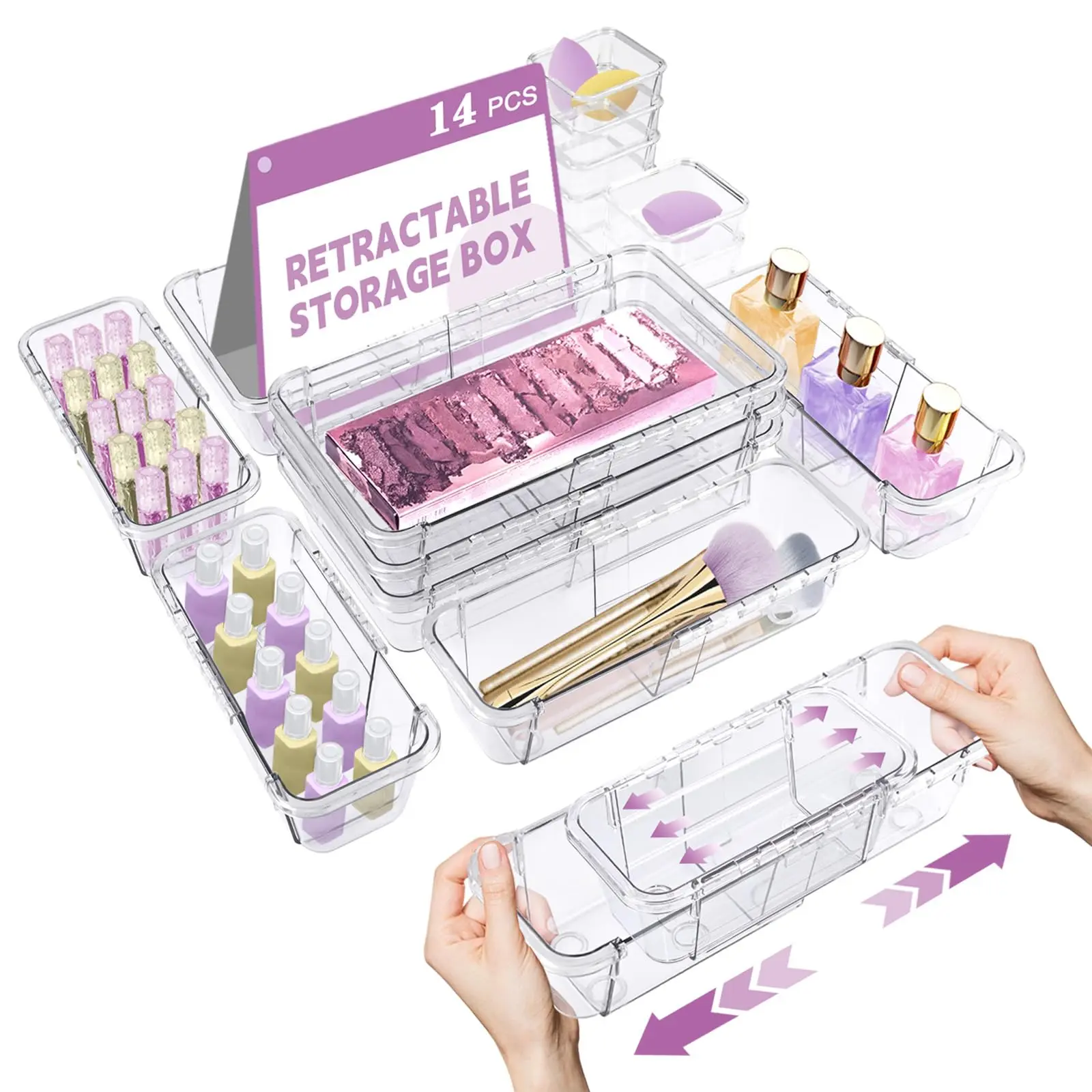 14 PCS Clear Drawer Organizer, Adjustable Drawer Storage Box, 3-Size Desk Drawer Organizer, Storage Bins for Makeup, Cosmetic, Kitchen Utensils, Bedroom Dressers Tool Organizer for Gadgets