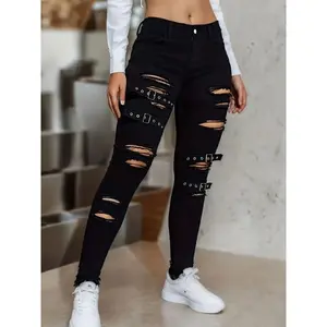 Women's High-Waist Black Skinny Jeans with Unique Buckle Detail - Stretch Denim, Distressed Look, Machine Washable - Perfect for Spring & Autumn Fashion, Plus Size Jeans Womenswear Bottom