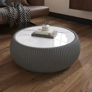 Bellemave  Light Sintered stone Top Drum Shape Leather Coffee modern Sofa Table for Living Room furniture ( Each tabletop has a unique grey pattern)