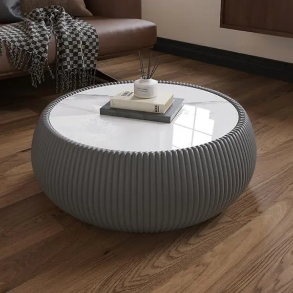 Bellemave Round Coffee Table - 27.55 in. x 27.55 in. x 13.38 in. Modern Ready-to-Use Indoor Living Room Furniture, Light Sintered Stone Flat Top, Drum-Shape Solid Leather Base, Unique Grey Texture, Great For Books, Lamps, And Coffee
