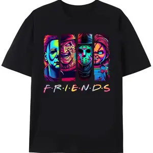 Retro Neon Halloween T-Shirt, Horror Killer Character Print, Black Casual Crew Neck Gift Top